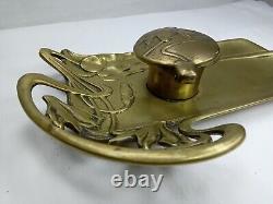 Art Nouveau Brass Inkwell with Plant Decoration from the 1930s