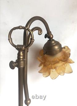 Art Nouveau Brass Lamp with Yellow Shade in Working Condition