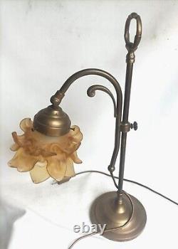 Art Nouveau Brass Lamp with Yellow Shade in Working Condition