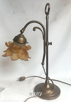 Art Nouveau Brass Lamp with Yellow Shade in Working Condition