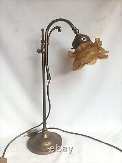 Art Nouveau Brass Lamp with Yellow Shade in Working Condition