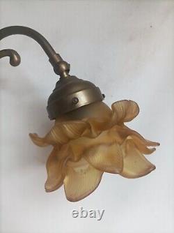 Art Nouveau Brass Lamp with Yellow Shade in Working Condition