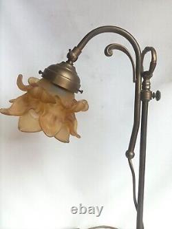 Art Nouveau Brass Lamp with Yellow Shade in Working Condition