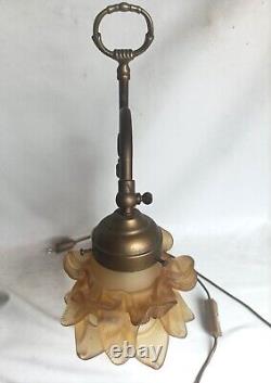 Art Nouveau Brass Lamp with Yellow Shade in Working Condition