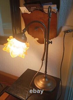 Art Nouveau Brass Lamp with Yellow Shade in Working Condition