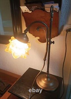 Art Nouveau Brass Lamp with Yellow Shade in Working Condition