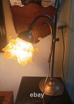 Art Nouveau Brass Lamp with Yellow Shade in Working Condition