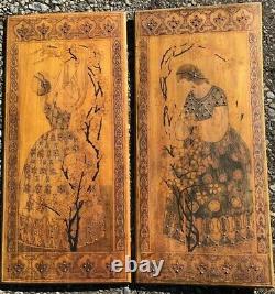 Art Nouveau Graved Panels Signed Mansion 1900 Liberty Style Paintings