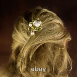 Art Nouveau Green Floral Hair Comb with Real Baroque Pearl Vintage Style QD12