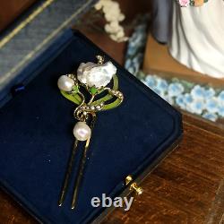 Art Nouveau Green Floral Hair Comb with Real Baroque Pearl Vintage Style QD12
