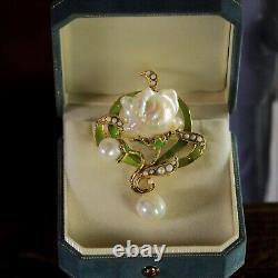 Art Nouveau Green Leaf Baroque White Pearl Vintage Style Pendant Brooch QD12