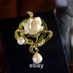 Art Nouveau Green Leaf Baroque White Pearl Vintage Style Pendant Brooch QD12