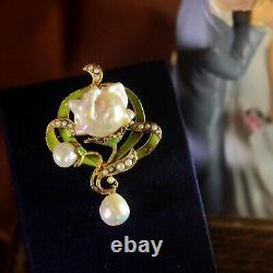 Art Nouveau Green Leaf Baroque White Pearl Vintage Style Pendant Brooch QD12