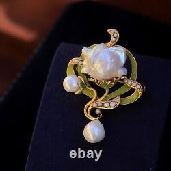 Art Nouveau Green Leaf Baroque White Pearl Vintage Style Pendant Brooch QD12