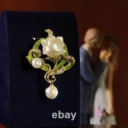 Art Nouveau Green Leaf Baroque White Pearl Vintage Style Pendant Brooch QD12