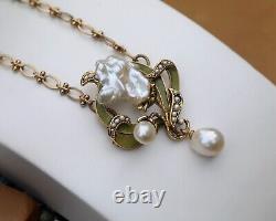 Art Nouveau Green Leaf White Baroque Pearl Vintage Style Necklace QD12