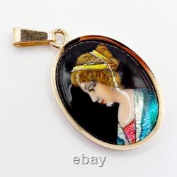 Art Nouveau LIMOGES Style Pendant 18k Gold Enamel Plaque Vintage Young Girl