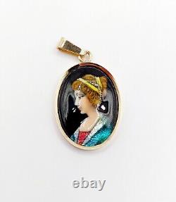 Art Nouveau LIMOGES Style Pendant 18k Gold Enamel Plaque Vintage Young Girl