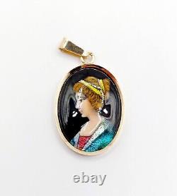 Art Nouveau LIMOGES Style Pendant 18k Gold Enamel Plaque Vintage Young Girl