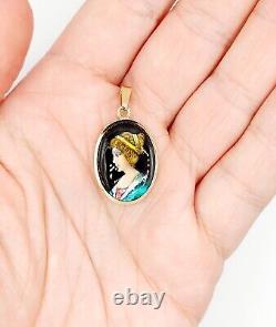 Art Nouveau LIMOGES Style Pendant 18k Gold Enamel Plaque Vintage Young Girl