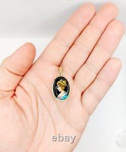 Art Nouveau LIMOGES Style Pendant 18k Gold Enamel Plaque Vintage Young Girl