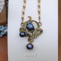 Art Nouveau Necklace with Green Leaf, Baroque Black Pearl, Vintage Style QD12