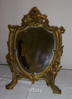 Art Nouveau Style Bronze Tabletop Psyche Mirror with Decorative Morning Glory Design and Beveled Glass