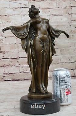 Art Nouveau Style Nude Woman Awakening Bronze Sculpture Cast Marble Base