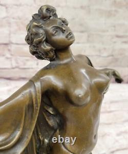 Art Nouveau Style Nude Woman Awakening Bronze Sculpture Cast Marble Base