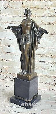 Art Nouveau Style Nude Woman Awakening Bronze Sculpture Marble Base Figurine