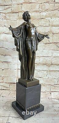 Art Nouveau Style Nude Woman Awakening Bronze Sculpture Marble Base Figurine