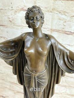 Art Nouveau Style Nude Woman Awakening Bronze Sculpture Marble Base Figurine