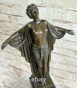 Art Nouveau Style Nude Woman Awakening Bronze Sculpture Marble Base Figurine