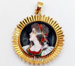 Art Nouveau Style Pendant Limoges 18k Rose Gold Enamel Plaque Young Girl