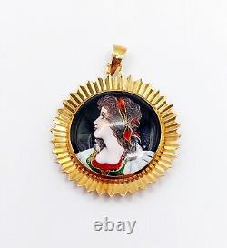 Art Nouveau Style Pendant Limoges 18k Rose Gold Enamel Plaque Young Girl