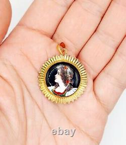 Art Nouveau Style Pendant Limoges 18k Rose Gold Enamel Plaque Young Girl