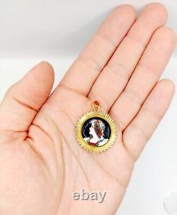 Art Nouveau Style Pendant Limoges 18k Rose Gold Enamel Plaque Young Girl