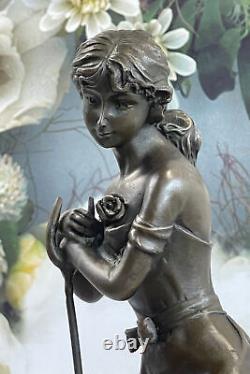 Art Nouveau Style Sexy Maiden Holding Rose Flower in Garden Bronze Statue