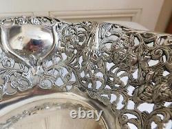 Art Nouveau Style Silvery Metal Basket Richly Decorated With Hardwood Rose