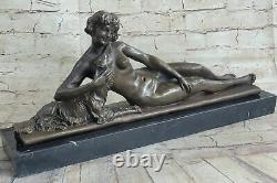 Art Nouveau Style Victorian Sculpture Woman Girl Sitting with Dog Bronze Chair