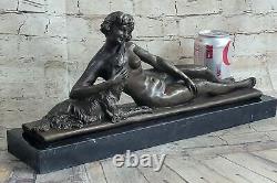 Art Nouveau Style Victorian Sculpture Woman Girl Sitting with Dog Bronze Chair