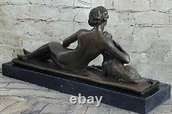 Art Nouveau Style Victorian Sculpture Woman Girl Sitting with Dog Bronze Chair