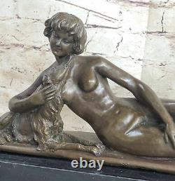 Art Nouveau Style Victorian Sculpture Woman Girl Sitting with Dog Bronze Chair