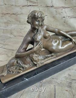 Art Nouveau Style Victorian Sculpture Woman Girl Sitting with Dog Bronze Chair