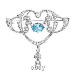 Art Nouveau Style White and Blue Zircon Brooch 925 Sterling Silver