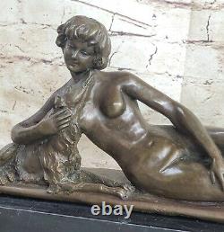 Art Style New Victorian Sculpture Woman Girl Sitting With Bronze Dog Chair