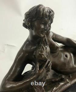 Art Style New Victorian Sculpture Woman Girl Sitting With Bronze Dog Statue