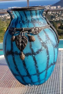 Beautiful Vase Art Nouveau Or Art Deco Style With Metal Decor Daum Majorelle