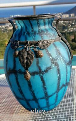 Beautiful Vase Art Nouveau Or Art Deco Style With Metal Decor Daum Majorelle