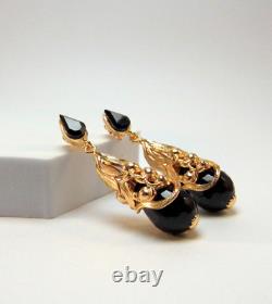 Black Long Drop Style Art Nouveau Earrings for Women 1920s Deco